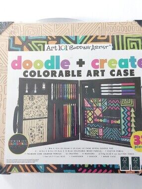Art 101 Budding Artist Doodle + Create Colorable Art Case 33 Piece Wooden Art Se